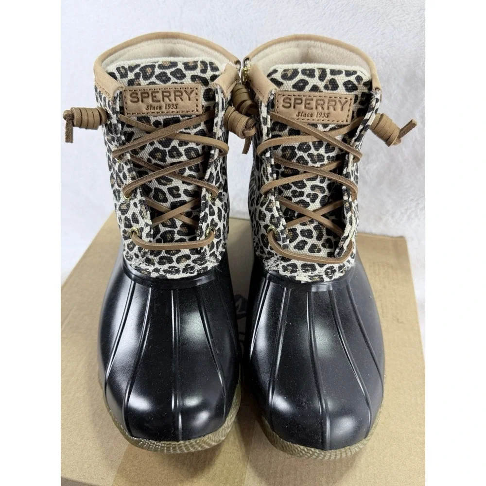 Sperry Saltwater Duck Boots Womens 6.5 Leopard Print Animal Multi STS85919